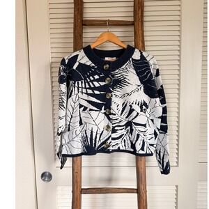Madewell Button-Front Cardigan Sweater Palm Leaf Print Navy White